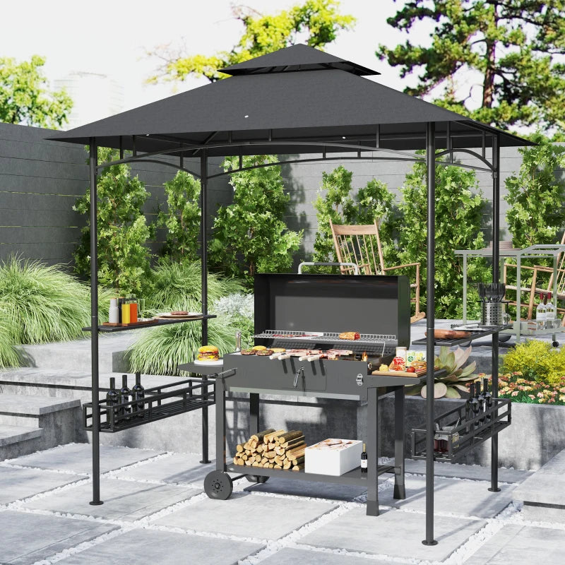 150cm x 240cm Grey BBQ Grill Gazebo with Shelves - Outdoor Cooking Canopy