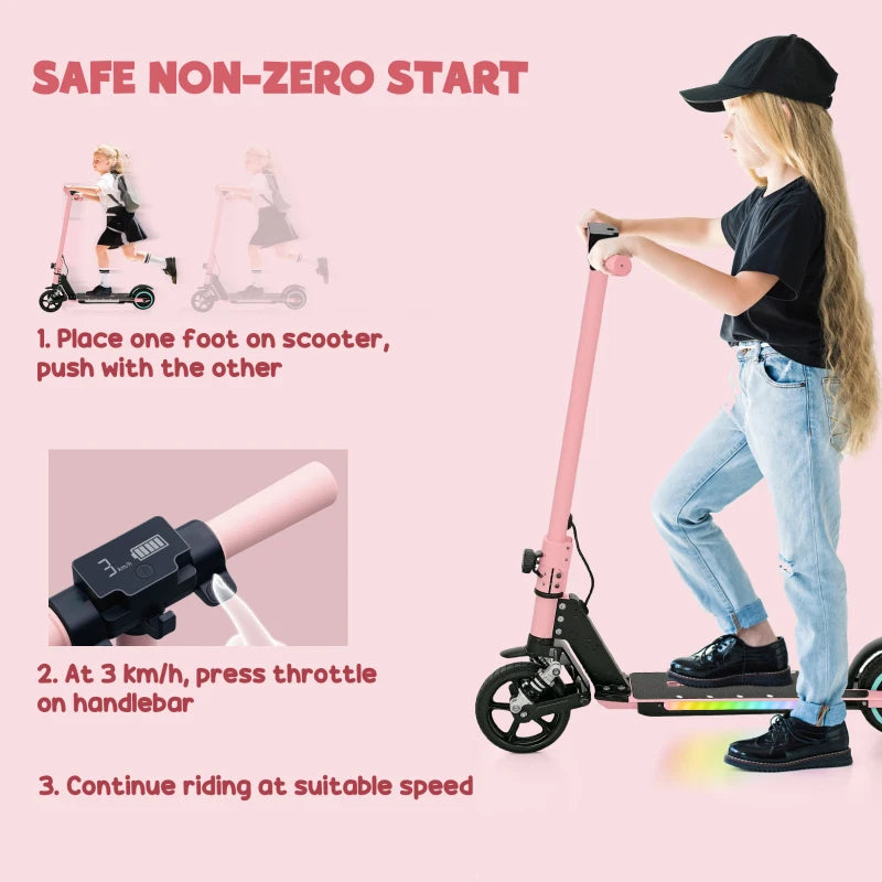 Folding Electric Scooter for Kids with Dual Brakes Front Suspension and LED Lights in Pink