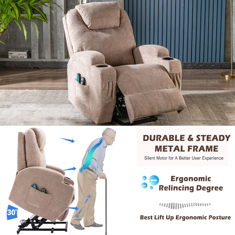Electric Recliner Chair with Remote Control, Massage and Heating Features, Cup Holders and Side Pockets, Ideal for Seniors, Light Brown