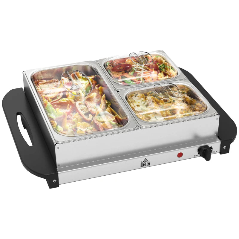 4.5L Stainless Steel Electric Buffet Server with 3 Trays & Lids - Perfect for Parties & Catering