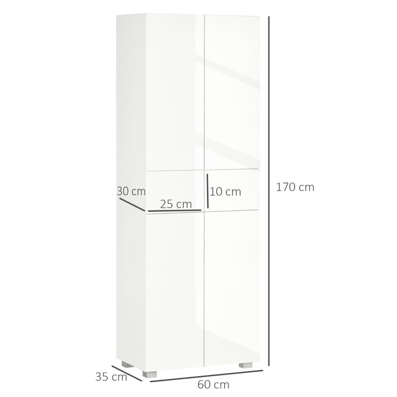 Tall Freestanding 4-Door Kitchen Cupboard with Adjustable Shelves and Drawers for Living Room and Dining Room High Gloss White