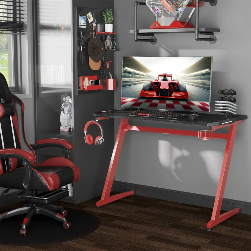 Carbon Fibre Gaming Desk 122x66 cm - Black & Red Gamer Workstation with Headphone Hook, Cup Holder & Gamepad Storage