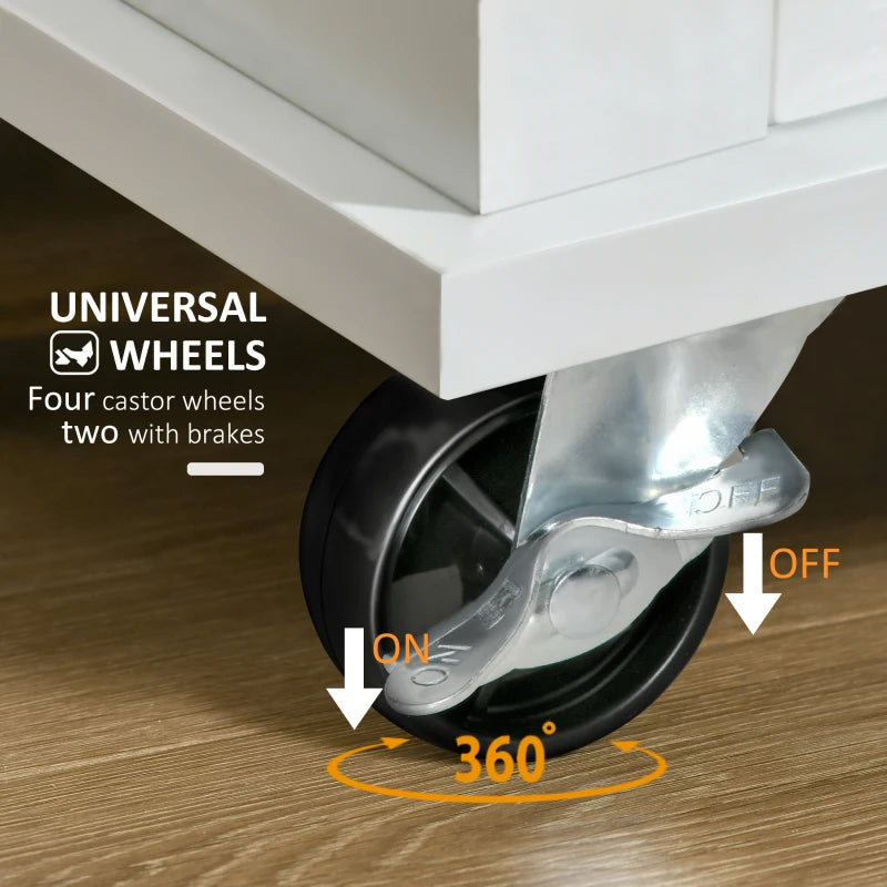 Stylish White Wooden Kitchen Cart Storage Trolley with Drawer, Cupboard & Towel Rail - Perfect for Organizing Your Kitchen