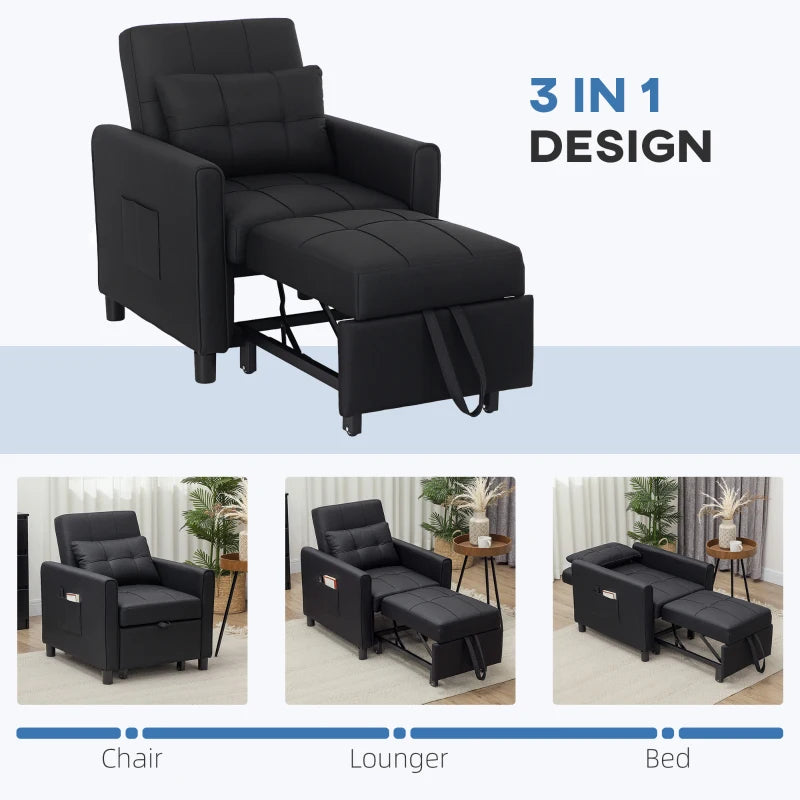 Linen-Look Black Single Chair Bed for Stylish Space-Saving Comfort