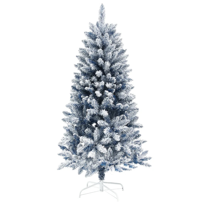 5ft Flocked Blue Artificial Christmas Tree with 450 Snow Frosted Tips & Metal Stand - Snowy Hinged Xmas Decor