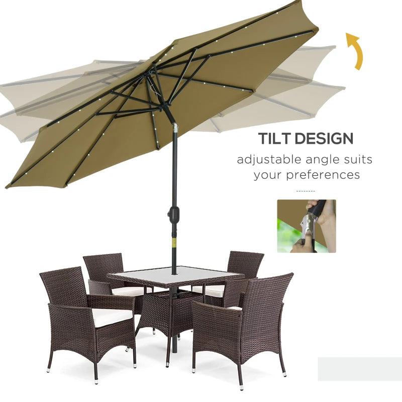 Brown 2.7m Patio Garden Umbrella with Tilt Crank and LED Lights