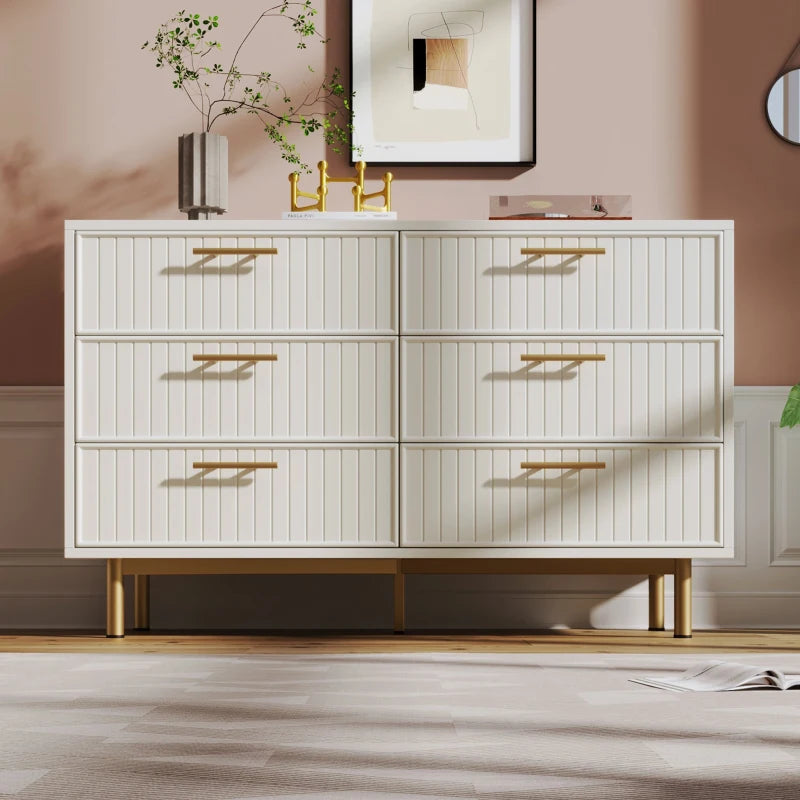 Modern White Sideboard Cabinet for Living Room - 6-Drawer Chest with Metal Base & Decorative Handles, 120x40x75.5 cm