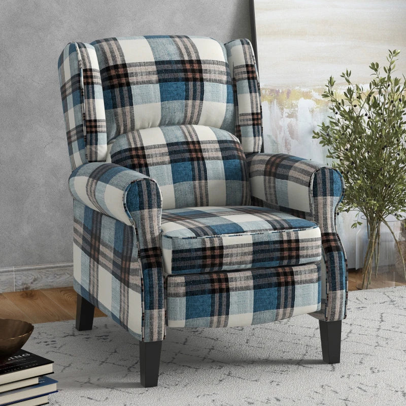 Wingback Reclining Chair with Footrest and Armrests for Living Room or Bedroom, Blue Fabric, Wooden Legs