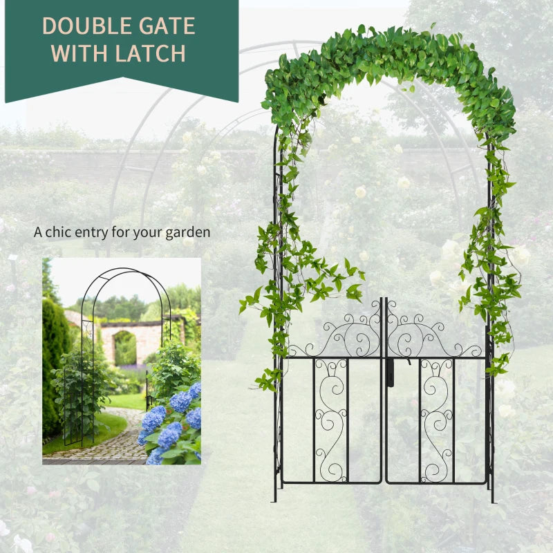 Metal Garden Arch with Double Gates for Climbing Plants - Black, 125L x 38W x 227H cm - Perfect for Roses, Vines, and Weddings