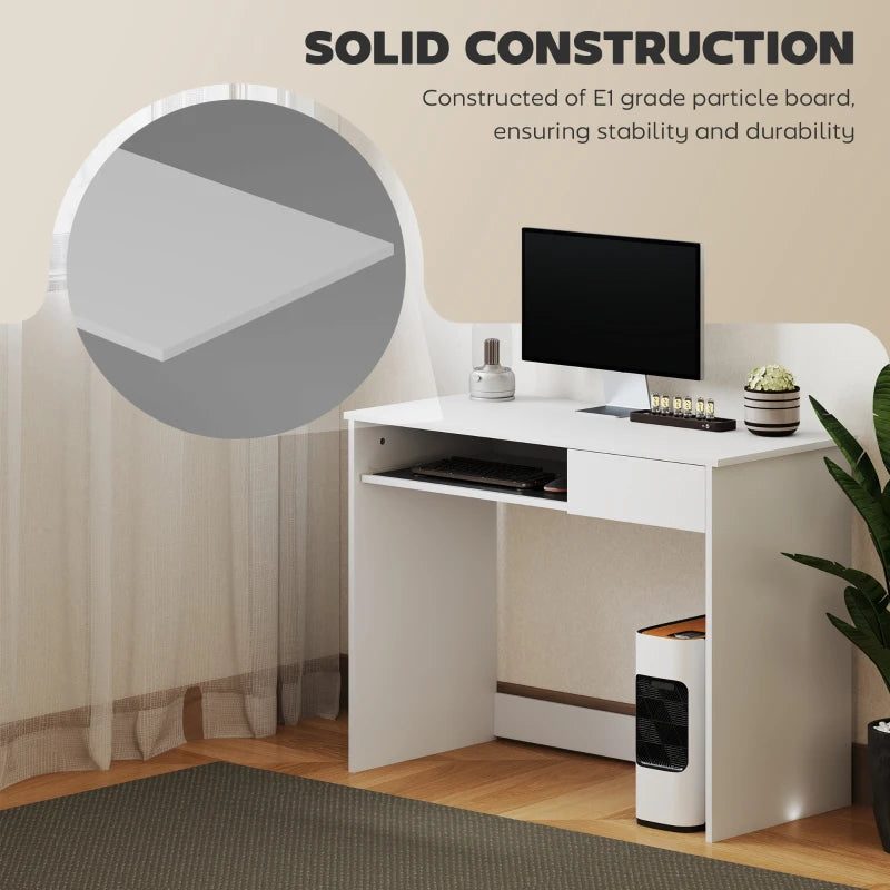 100cm Compact Computer Desk with Keyboard Tray & Drawer - Stylish Home Office Desk for Bedroom Study, White Finish