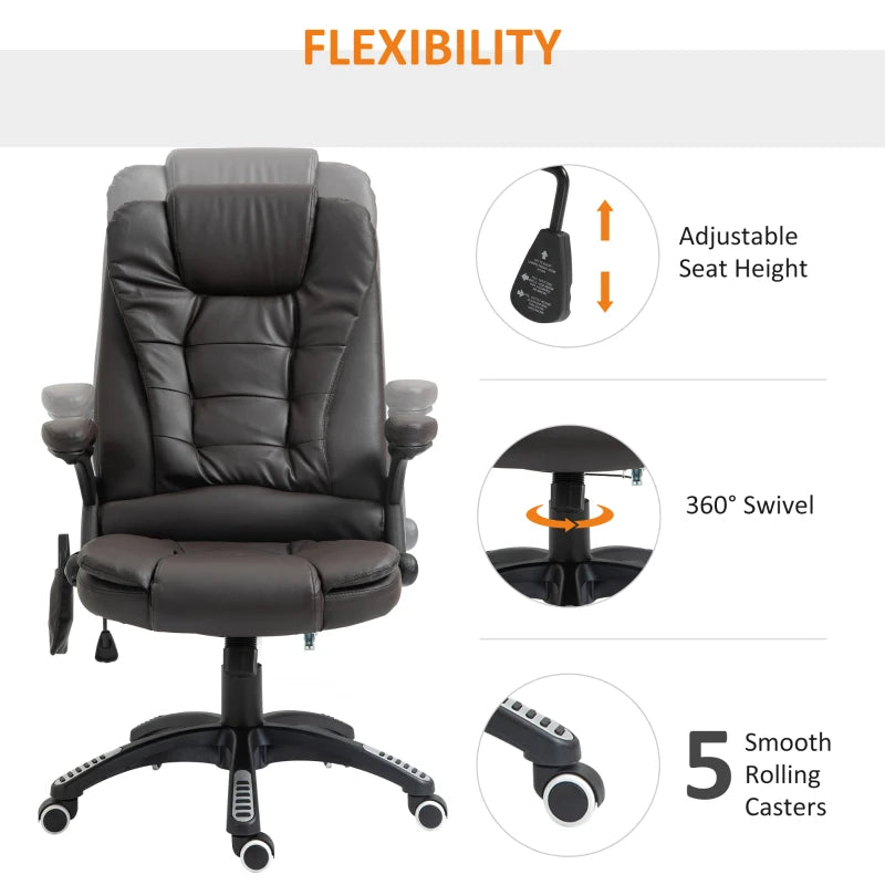 6-Point Heated Massage Office Chair - PU Leather High Back Executive Desk Chair with Adjustable Height & 360° Swivel, Brown