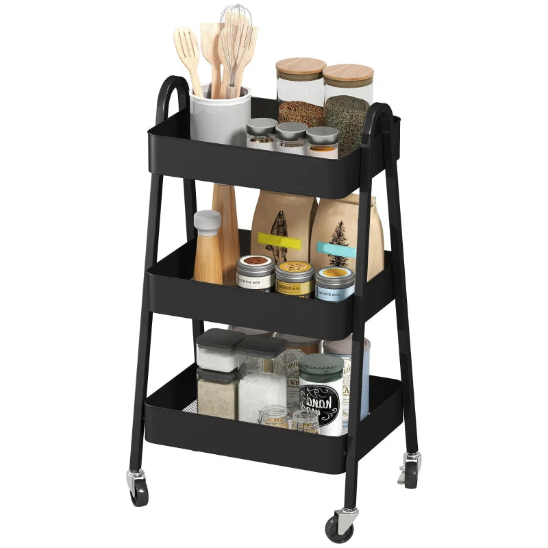 Versatile Three-Tier Black Storage Trolley - Stylish Organizer Cart for Home, Office, Kitchen & Bathroom
