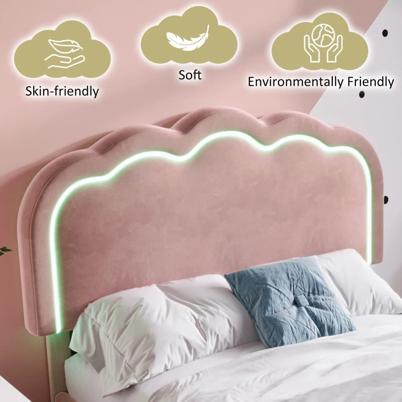 Pink Upholstered Single Bed with LED Adjustable Headboard, Velvet Frame, Wooden Slats, Easy Assembly, 197L x 101W x 109H cm