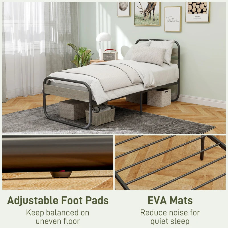 Industrial Style 3ft Single Metal Bed Frame with Under Bed Storage - Easy Assembly, No Box Spring Needed, Grey