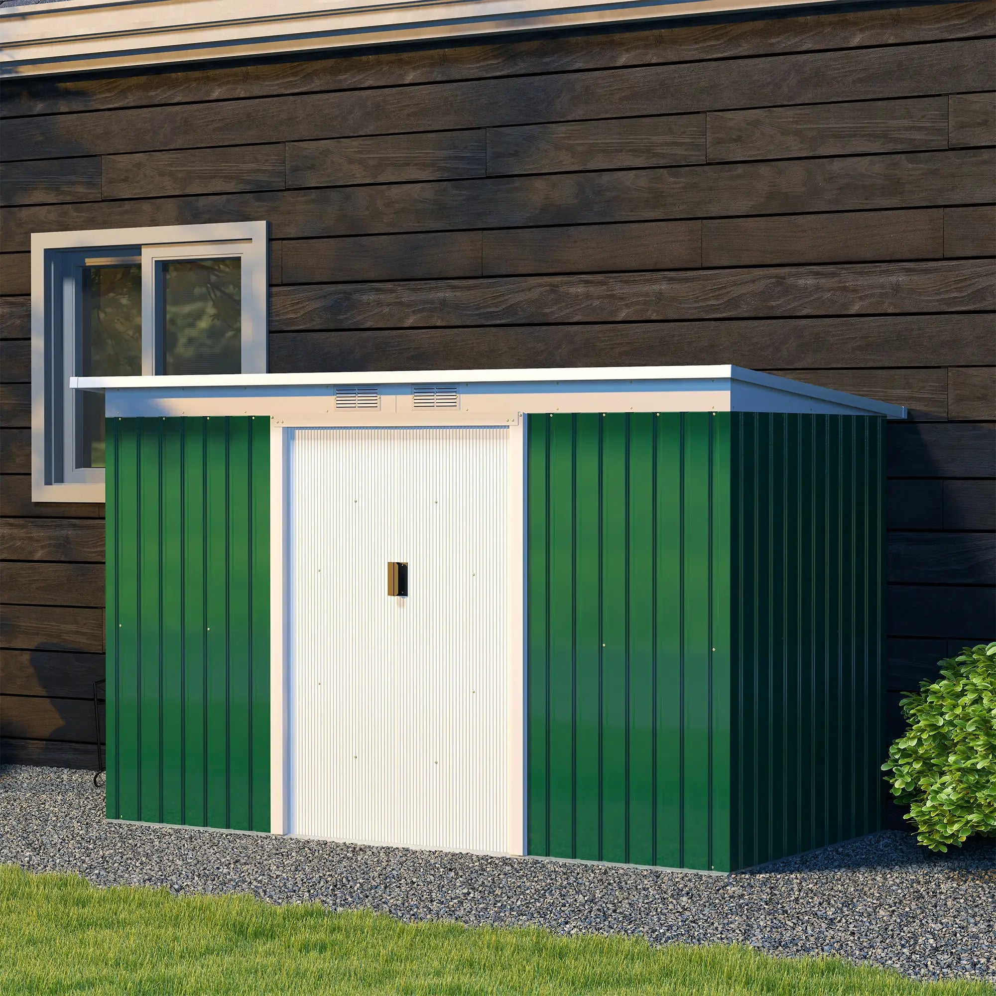 Deep Green 9ft x4 ft Metal Outdoor Garden Shed with Floor Foundation, Ventilation System, and Double Doors