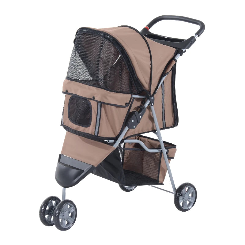 3 Wheel Pet Stroller for Small & Miniature Dogs - Brown Lightweight Dog Carrier with Canopy & Storage