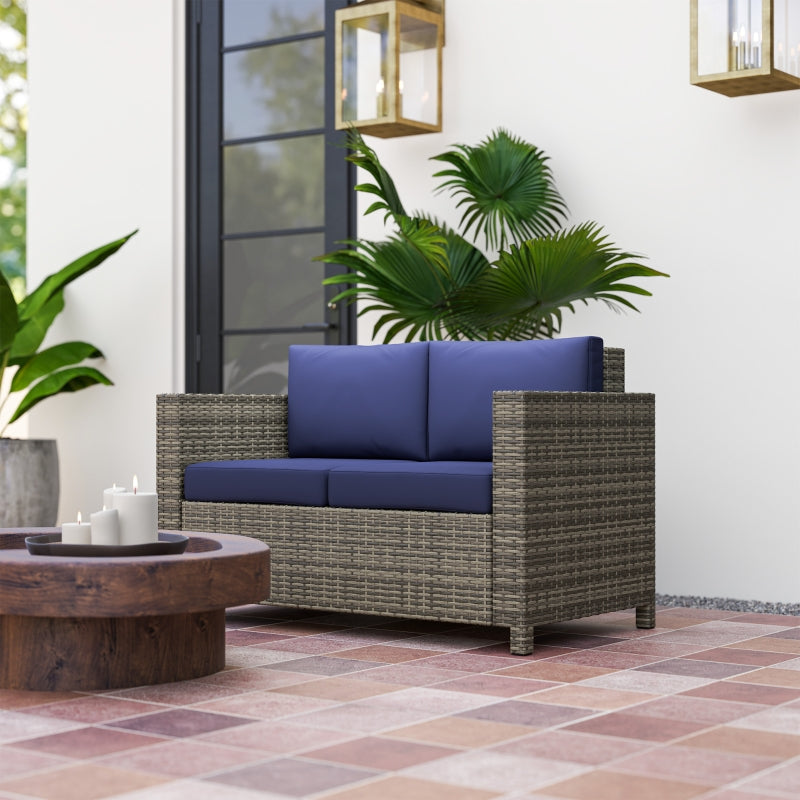 Navy Blue Rattan 2 Seater Garden Sofa with Soft Padded Cushions and Armrests - Wicker Loveseat for Patio