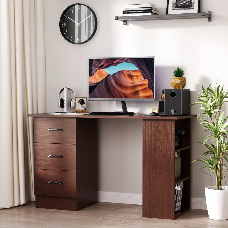 Walnut Brown Computer Desk with 3 Storage Shelves & Drawers - Stylish Writing Table for Home Office, Black Handle