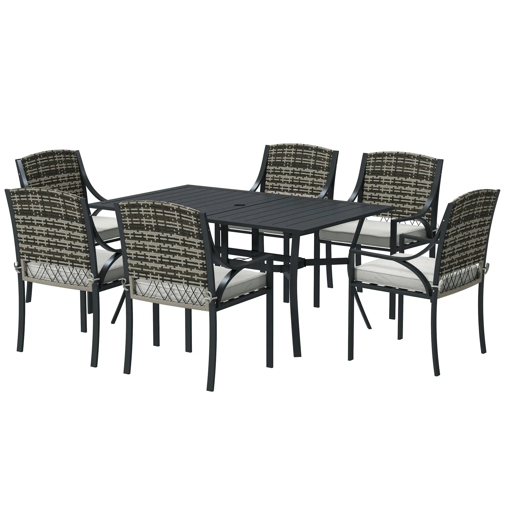 6 Seater Rattan Dining Set with 6 Armchairs, 150 x 96cm Rectangular Table, Umbrella Hole
