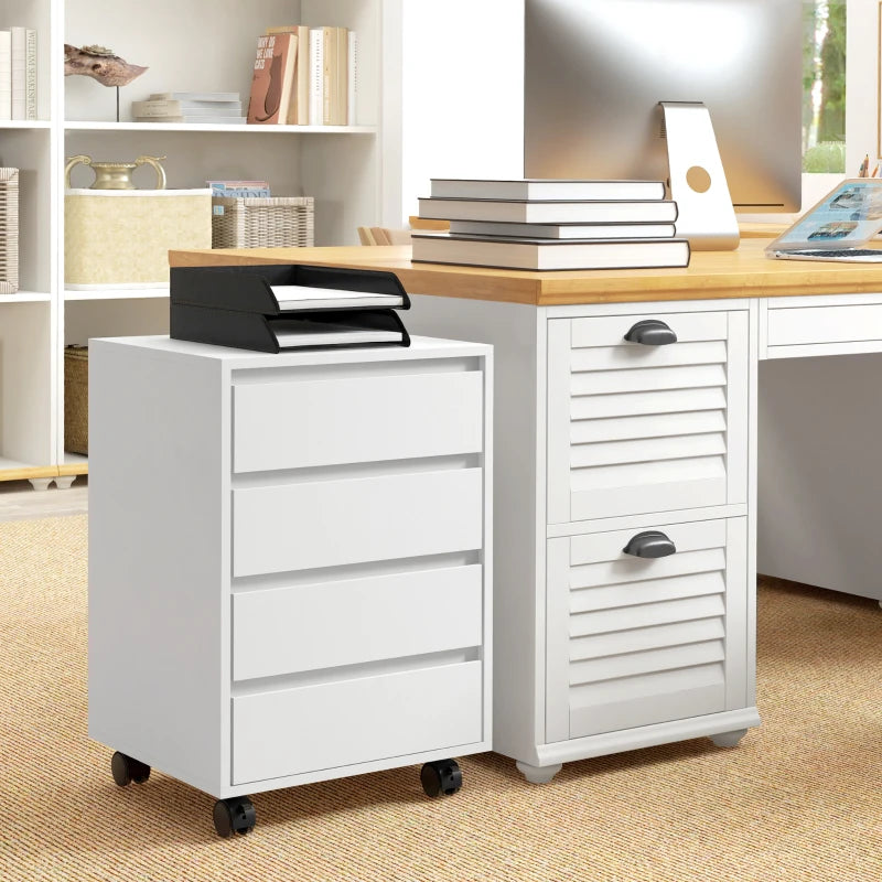 White Four-Drawer Office Filing Cabinet on Wheels - Mobile Storage Solution for Home & Office Organization