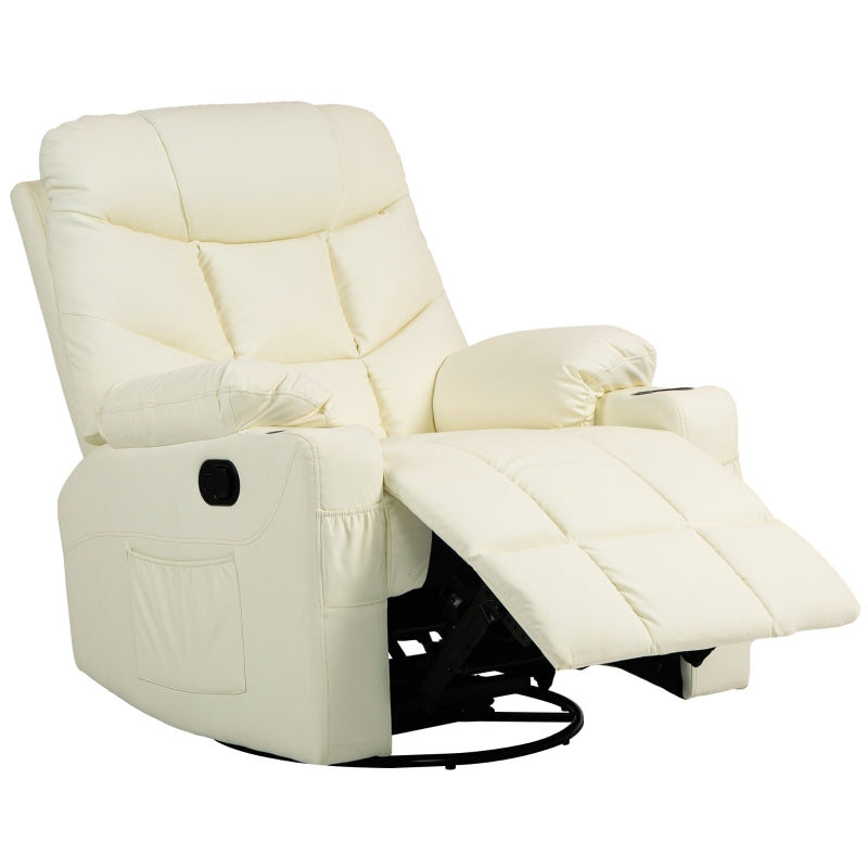Manual Reclining Armchair with Swivel, Faux Leather, Footrest and Cup Holders - Cream, 86x93x102cm