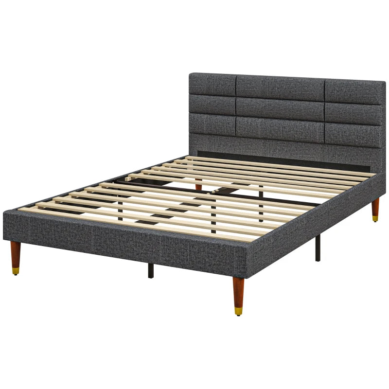 Stylish Grey Upholstered Double Bed Frame with Slats 136cm Wide 196cm Long 87cm High