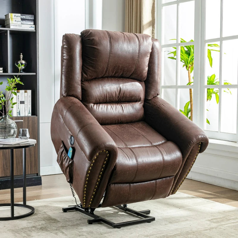 Large Executive Power Lift Recliner Chair with Heating and Massage, Heavy Duty Faux Leather, USB Port, Brown