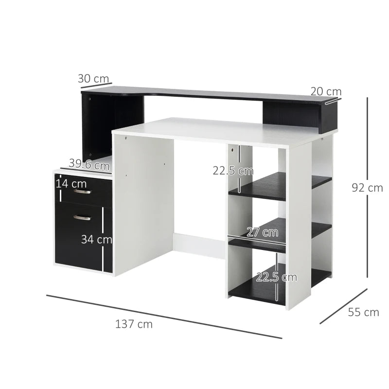 Modern Computer Desk with Drawers & Storage Shelves - Large Office Writing Table with Printer Stand, Black & White, 137x55x92cm