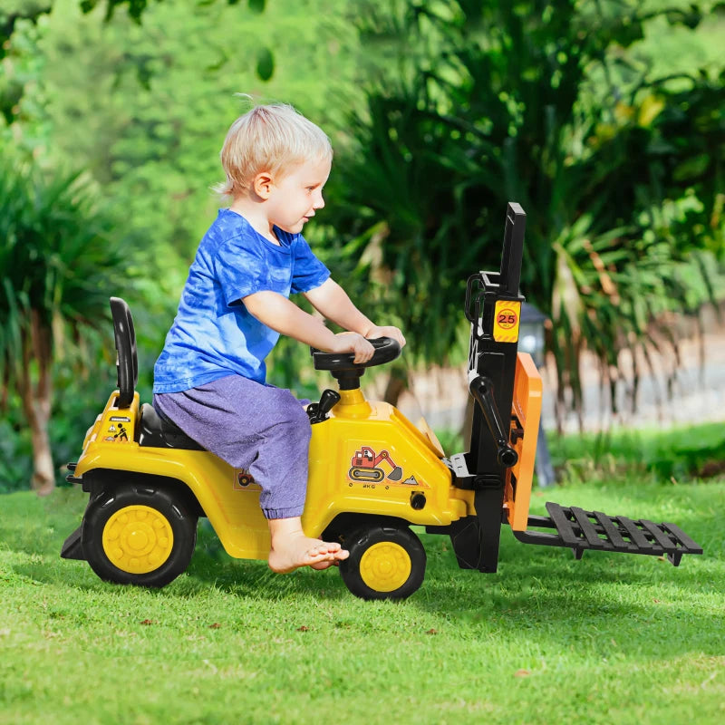 Kids Ride-On Construction Vehicle with Fork and Tray Sounds in Bright Yellow