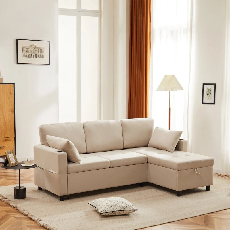 Linen Look L-Shaped Corner Sofa Bed with Storage, 3-Seater Convertible Settee with Cup Holders, Beige