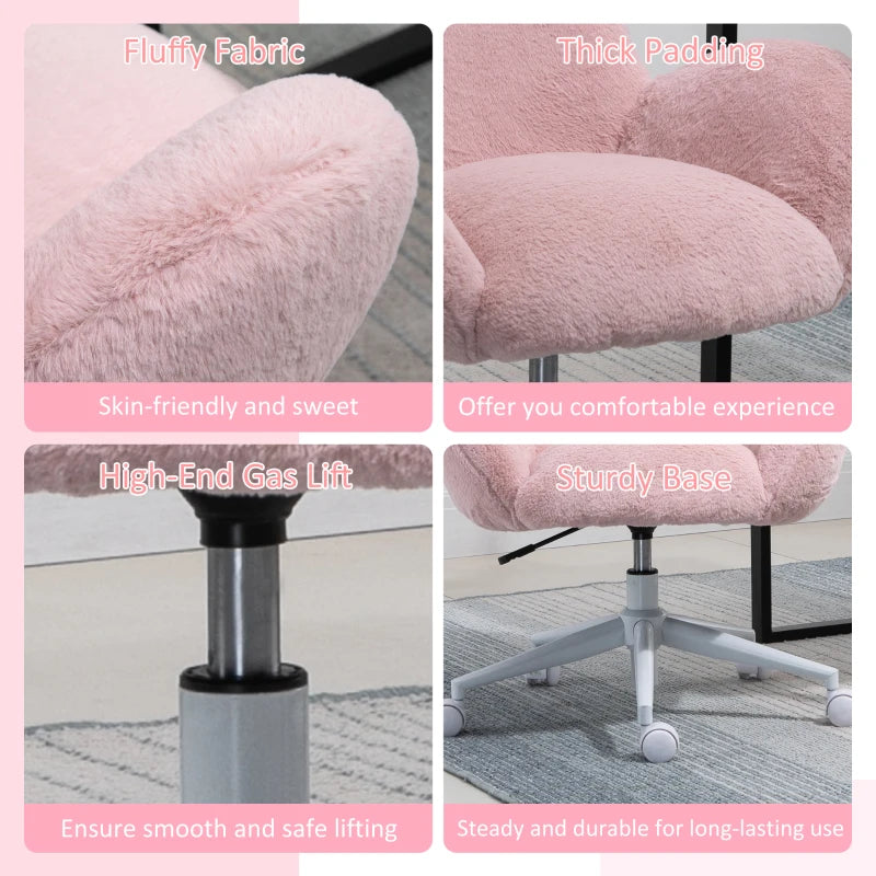 Cute Pink Makeup Vanity Chair with Fluffy Cushion & Rolling Wheels - Stylish Desk Chair for Bedroom & Living Room