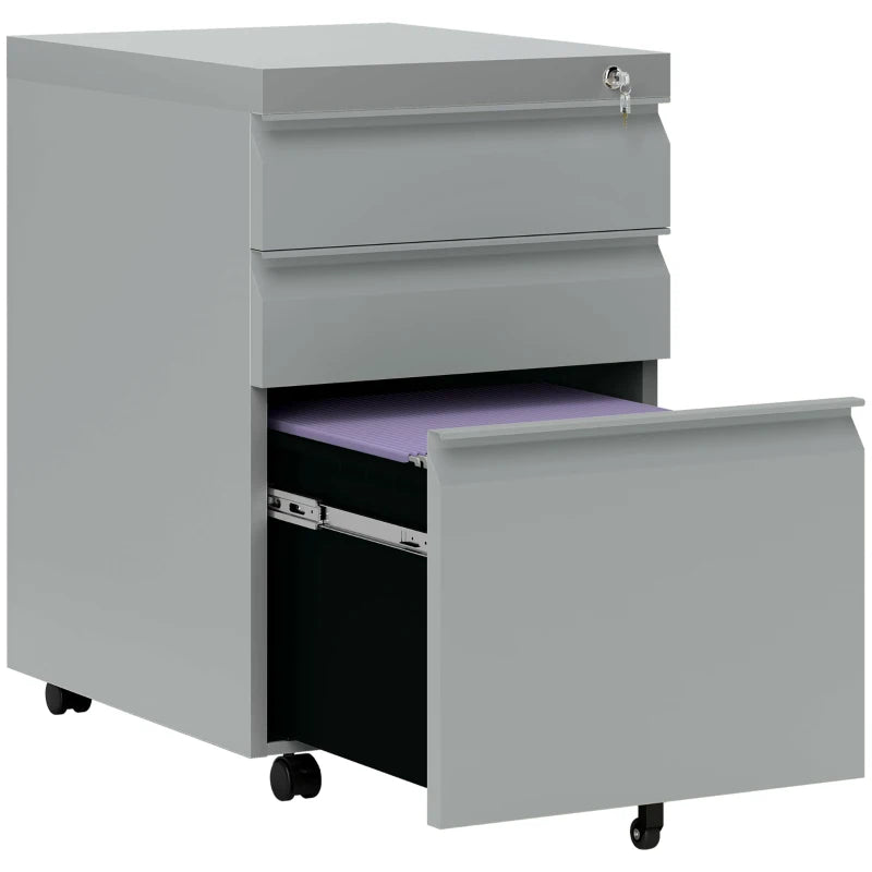 Vinsetto Mobile Metal File Cabinet - 3 Drawer Anti-Tilt Design for Letter, A4, Legal Size - Grey Office Storage