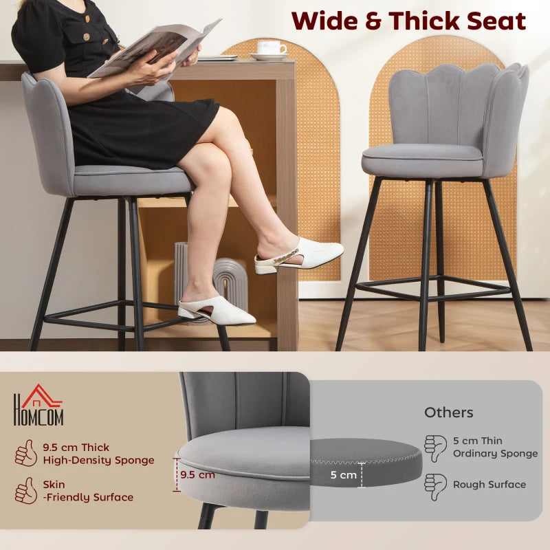 Set of 2 Grey Velvet-Feel Lotus Bar Stools - Stylish Modern Seating for Kitchen or Home Bar