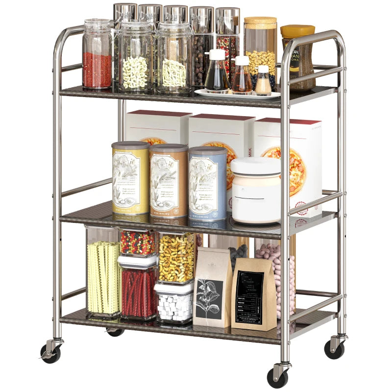 3 Tier Stainless Steel Kitchen Storage Trolley with Adjustable Shelf - Versatile Silver Cart for Organizing Kitchen Essentials