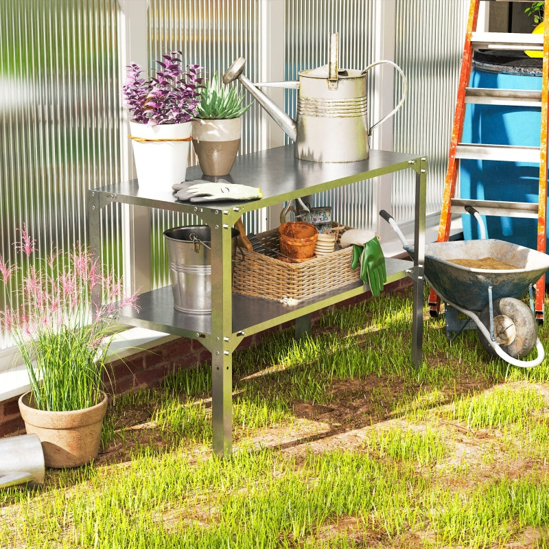 2 Tier Galvanised Steel Potting Bench Table - Silver Tone, 110 x 50 x 75 cm - Outdoor Garden Workstation with Storage Shelf for Patio and Greenhouse