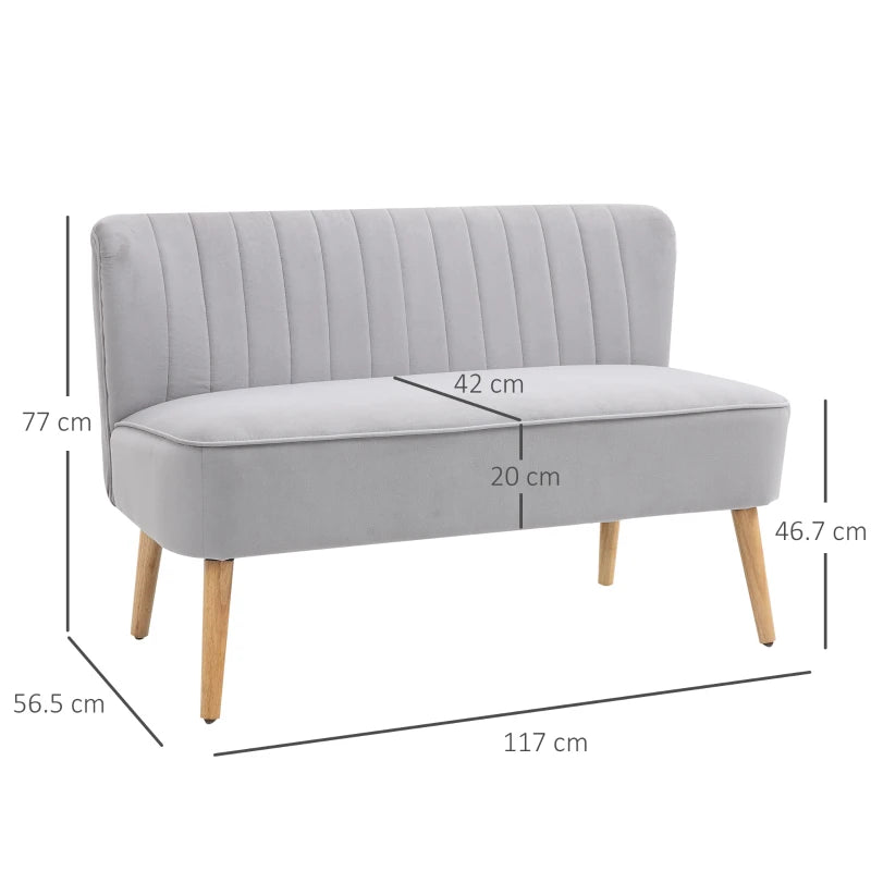 Modern Velvet Double Seat Sofa with Wood Frame and Foam Padding - Soft Compact Couch in Grey