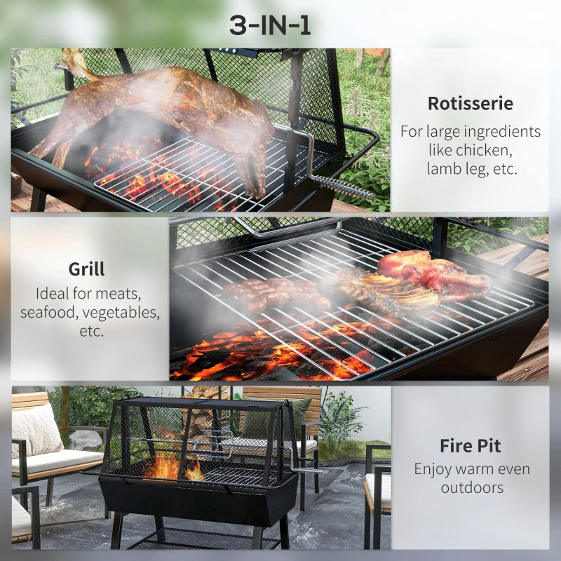3-in-1 BBQ Grill, Rotisserie Roaster, Fire Pit Set with Cover - Black