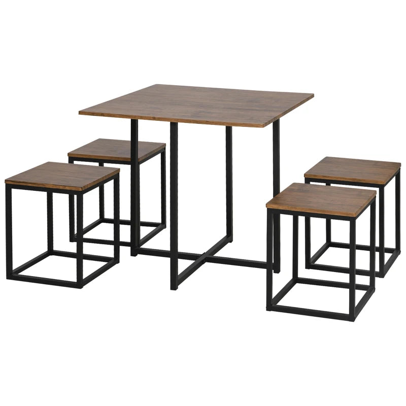 5-Piece Industrial Dining Table & Chairs Set - Space-Saving Metal Frame Square Kitchen Table & Stools - Brown Finish