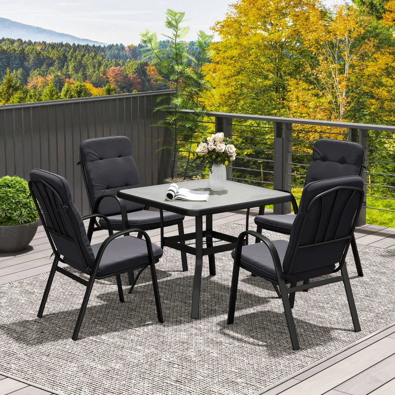 5-Piece Outdoor Square Garden Dining Set with Glass Table & Cushioned Chairs - Black