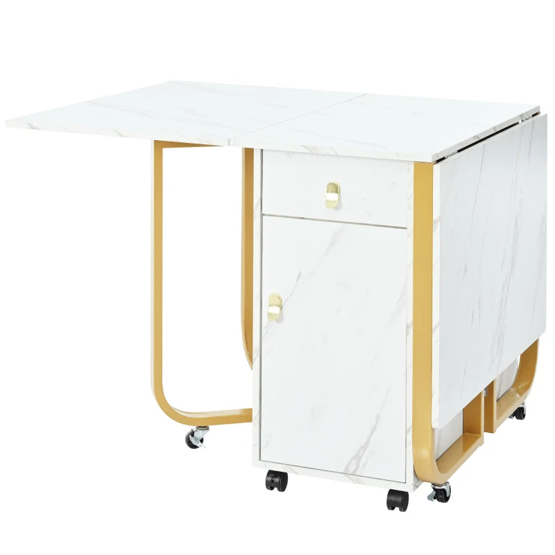 Folding Extendable Dining Table with Cupboard & 2 Drawers - Space-Saving Utility Table on Castors, Adjustable Legs, White/Gold
