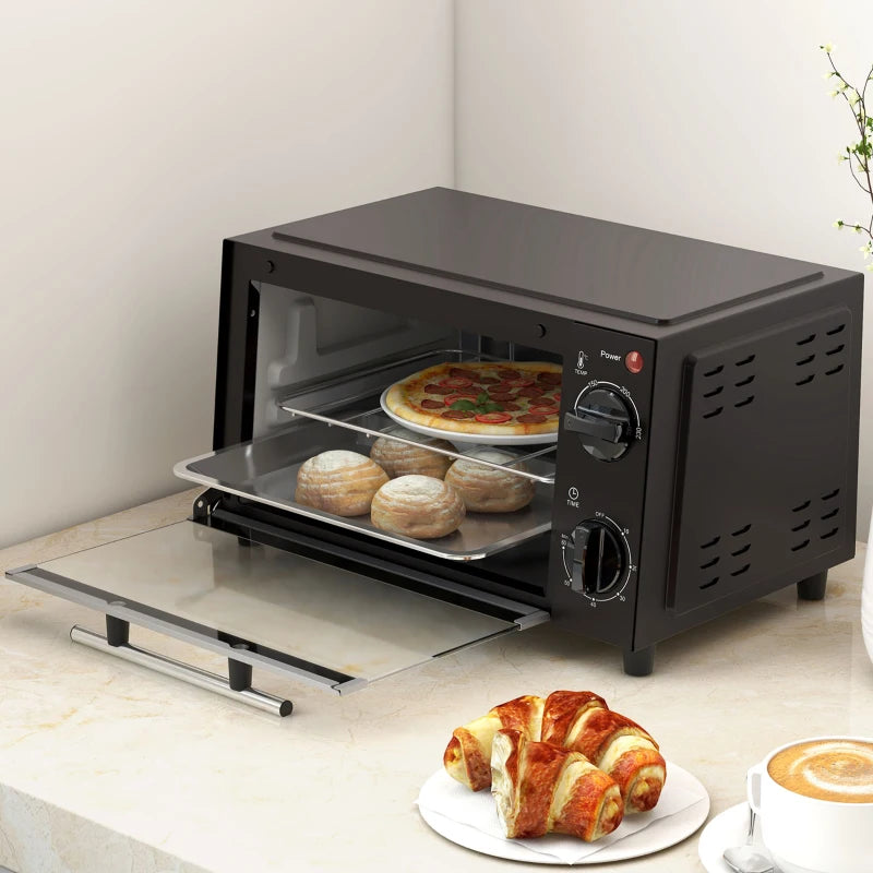 Compact 9L Mini Oven & Electric Grill - Adjustable Temp, Timer, Dishwasher Safe Tray, 750W, Black Countertop Toaster Oven