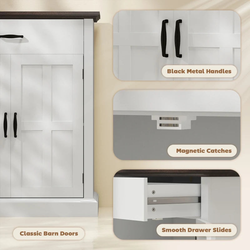 Rustic Farmhouse Sideboard with 3cm Thick Top & 2 Barn Doors - Elegant White Storage Cabinet for Dining Room