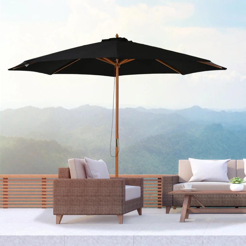 Black 3m Wooden Patio Umbrella with Pulley Mechanism