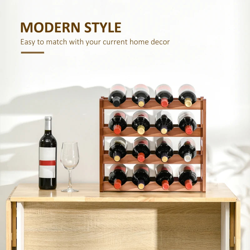 Free Standing Bamboo Wine Rack - 16 Bottle Holder, 4-Tier Water Bottle Organizer, Stylish Display Shelf for Home Bar, Brown