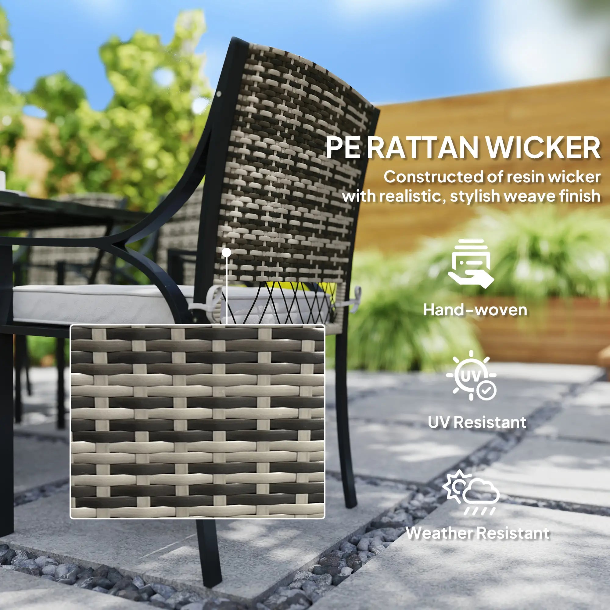 6 Seater Rattan Dining Set with 6 Armchairs, 150 x 96cm Rectangular Table, Umbrella Hole