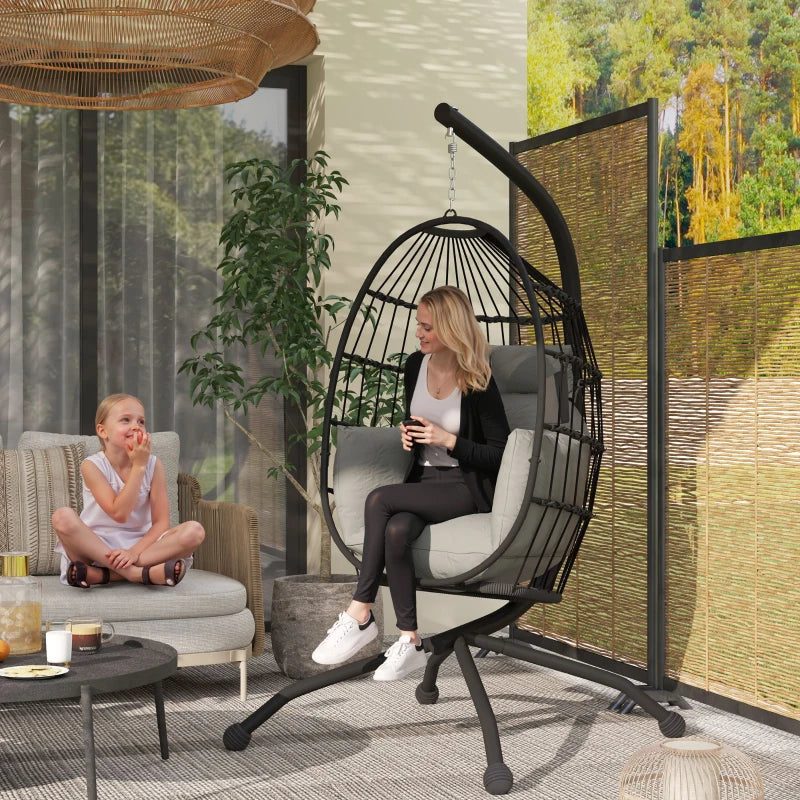Hanging Egg Chair - Dark Grey - Outdoor Indoor Garden Swing Chair with Folding Basket, Thickened Cushion, Stand, Headrest & Cup Holder - Perfect for Patio & Balcony