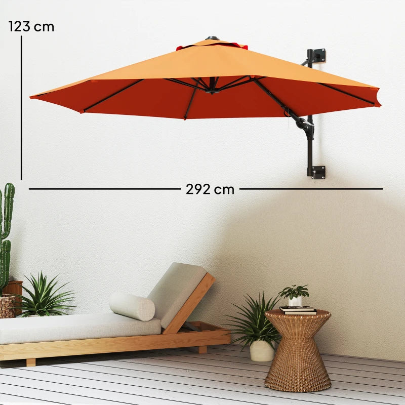 3m Wall-Mounted Parasol Shade with Handle - Outdoor Orange Sun Umbrella for Patio