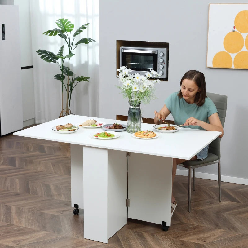 Folding Drop Leaf Dining Table with 2-Tier Shelves & Rolling Casters - Space-Saving Kitchen Table in White