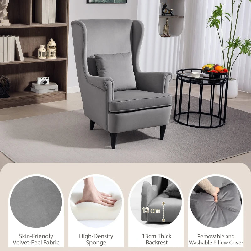 Stylish Upholstered Wingback Armchair with High Backrest and Pillow for Living Room or Bedroom in Dark Grey
