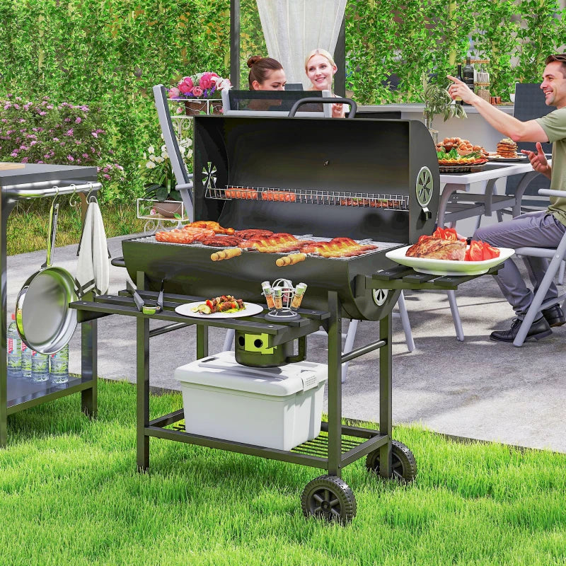 Portable Charcoal BBQ Grill with Foldable Shelf, Smoker, Temperature Gauge, Wheels for Outdoor Cooking